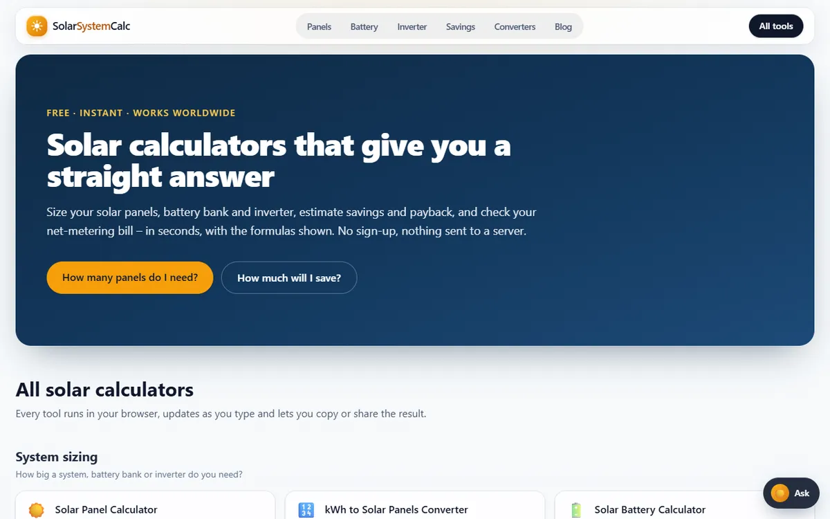 Solar System Calculator — homepage screenshot